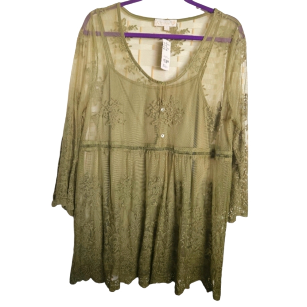 Suzanne Betro 2 pc Olive Stretch Lace Babydoll Tunic Blouse 1X
